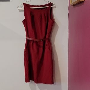 Maroon pencil dress with matching belt and pockets